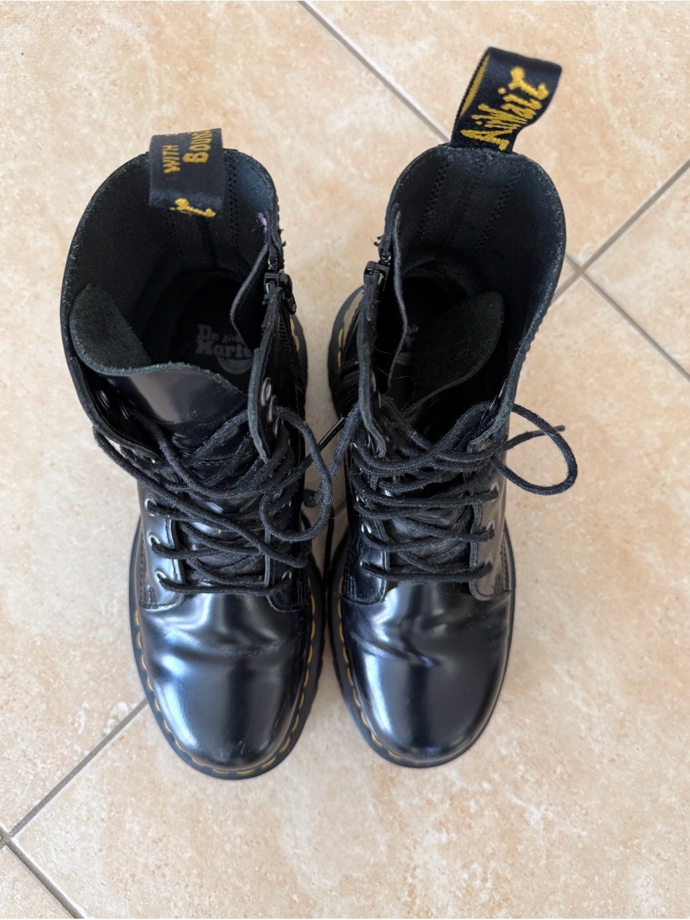 Dr. Martens Black Leather Lace-Up Boots with Yellow Stitching